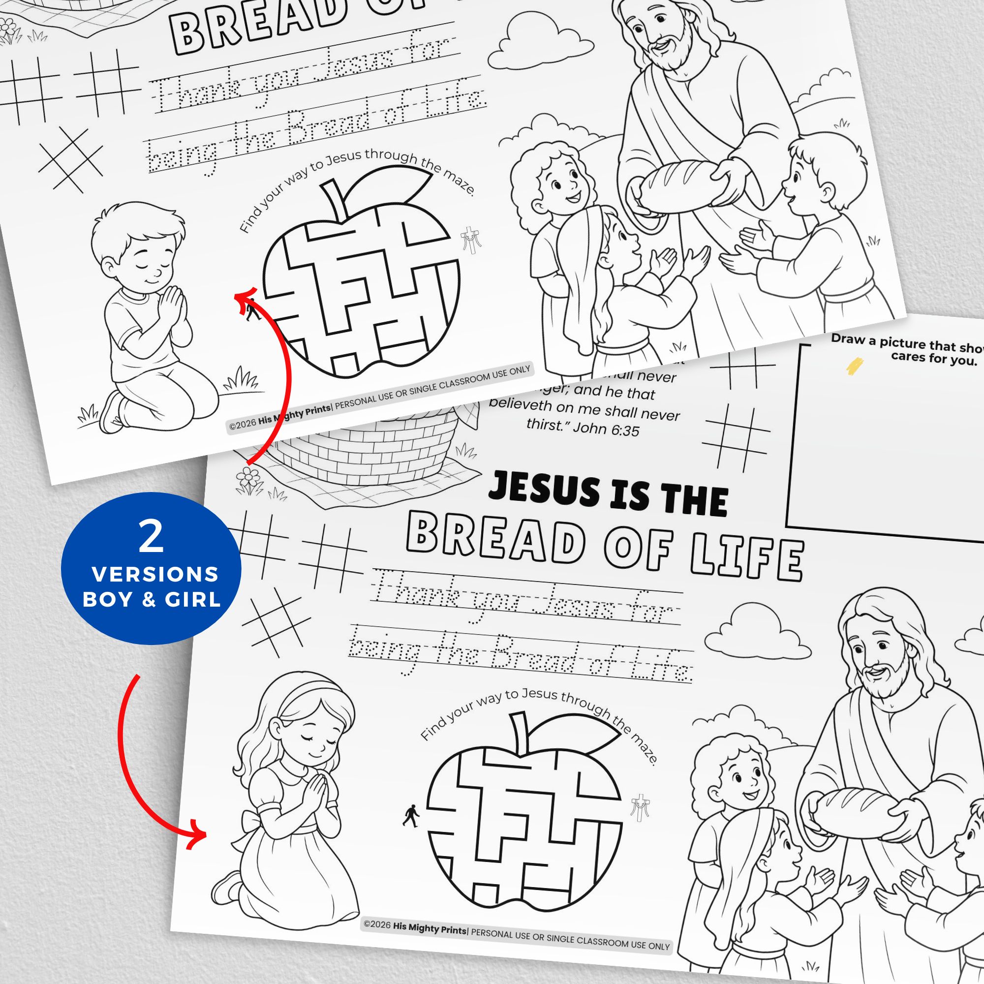 Jesus is the Bread of Life Activity Placemat digital download Christian kids activity placemat worksheet featuring “Jesus is the Bread of Life” with Bible verse, coloring sections, maze, and drawing area, surrounded by crayons and children’s hands.