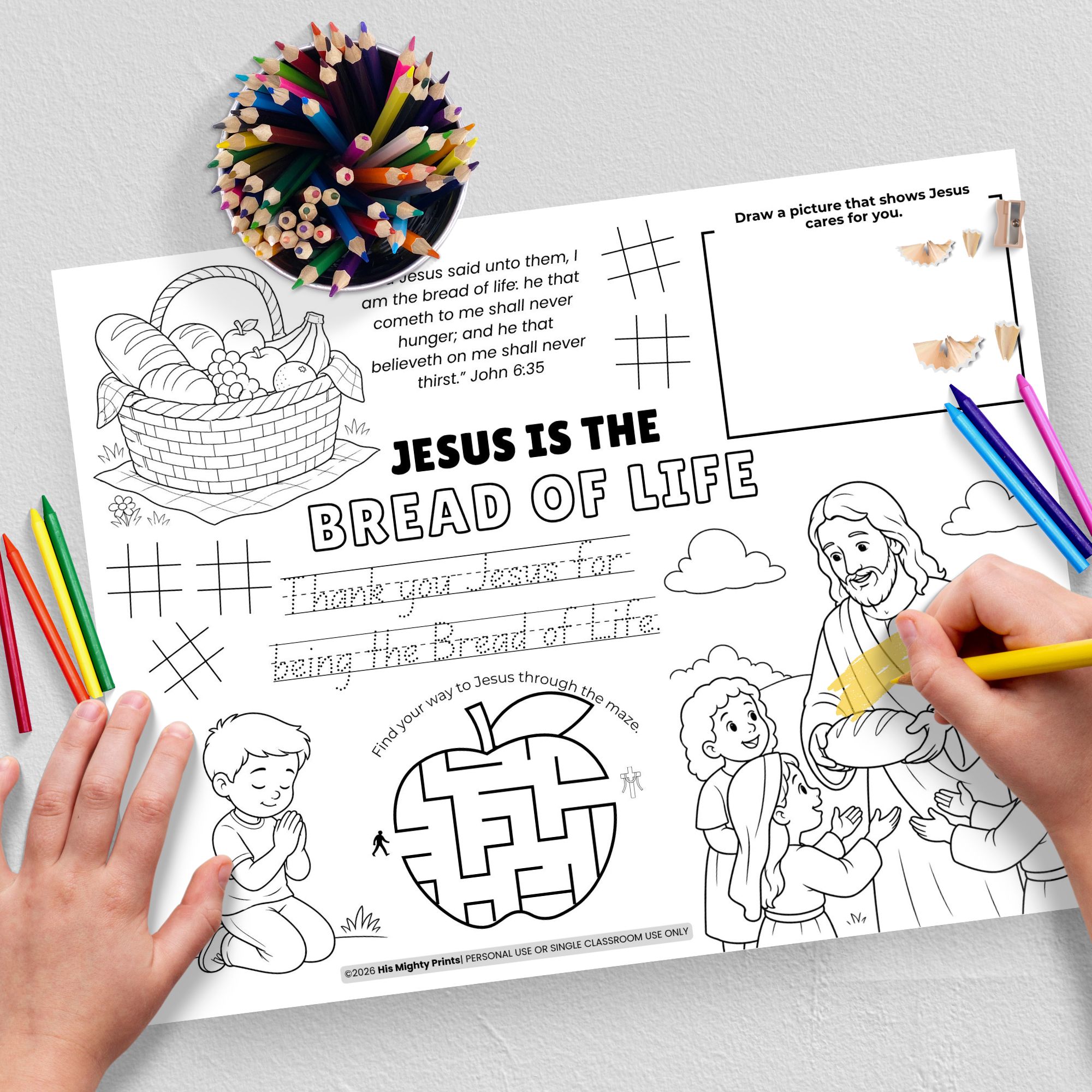Jesus is the Bread of Life Activity Placemat digital download Colorful Christian kids activity worksheet featuring “Jesus is the Bread of Life” with Bible verse, coloring sections, maze, and drawing area, surrounded by crayons and children’s hands.