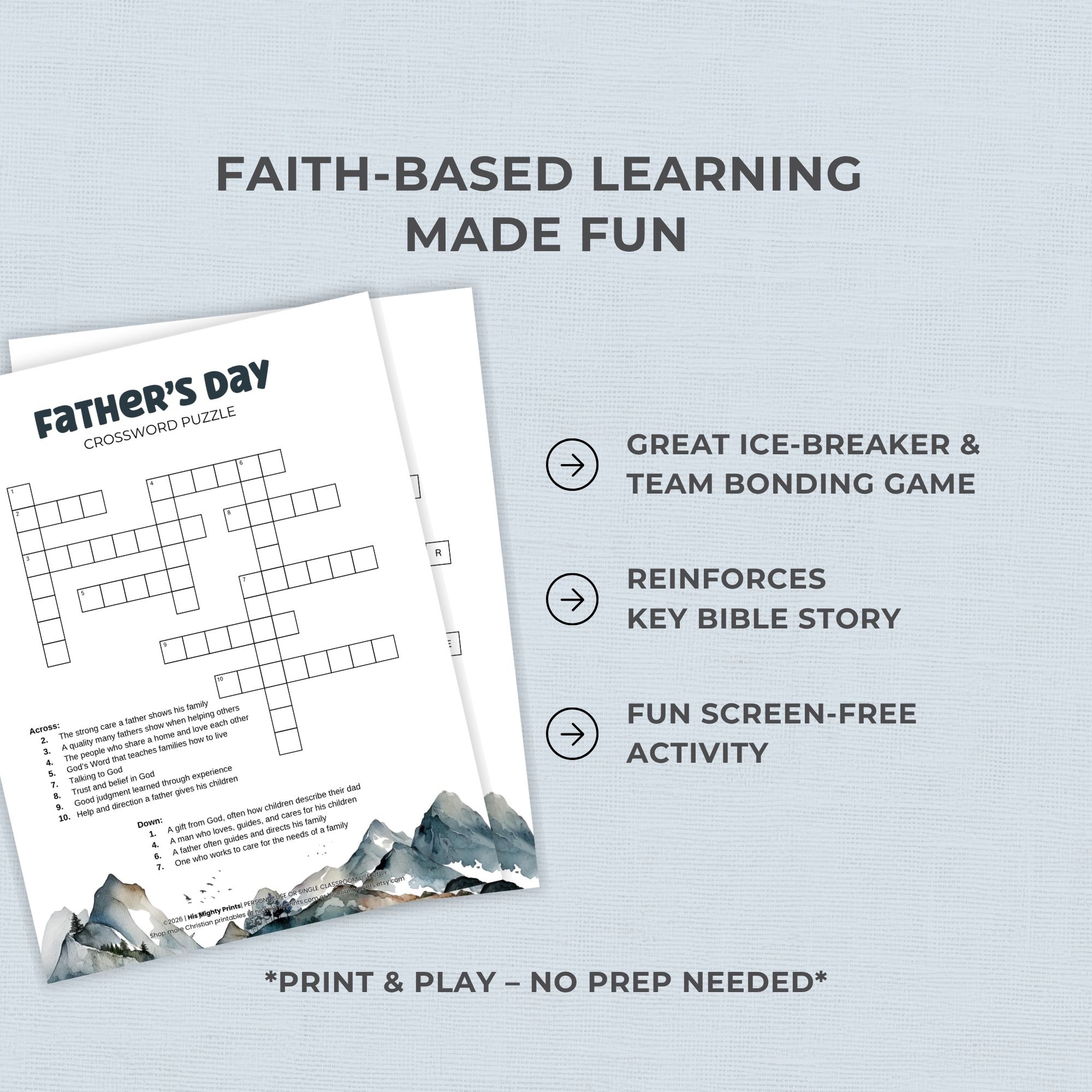 Christian Father's Day Crossword Puzzle digital download Christian Father’s Day crossword puzzle printable with mountain design, Bible-based activity for church groups, Sunday school, and family faith fun