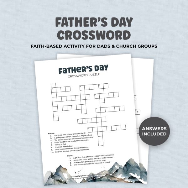 Christian Father’s Day crossword puzzle printable with mountain design, Bible-based activity for church groups, Sunday school, and family faith fun