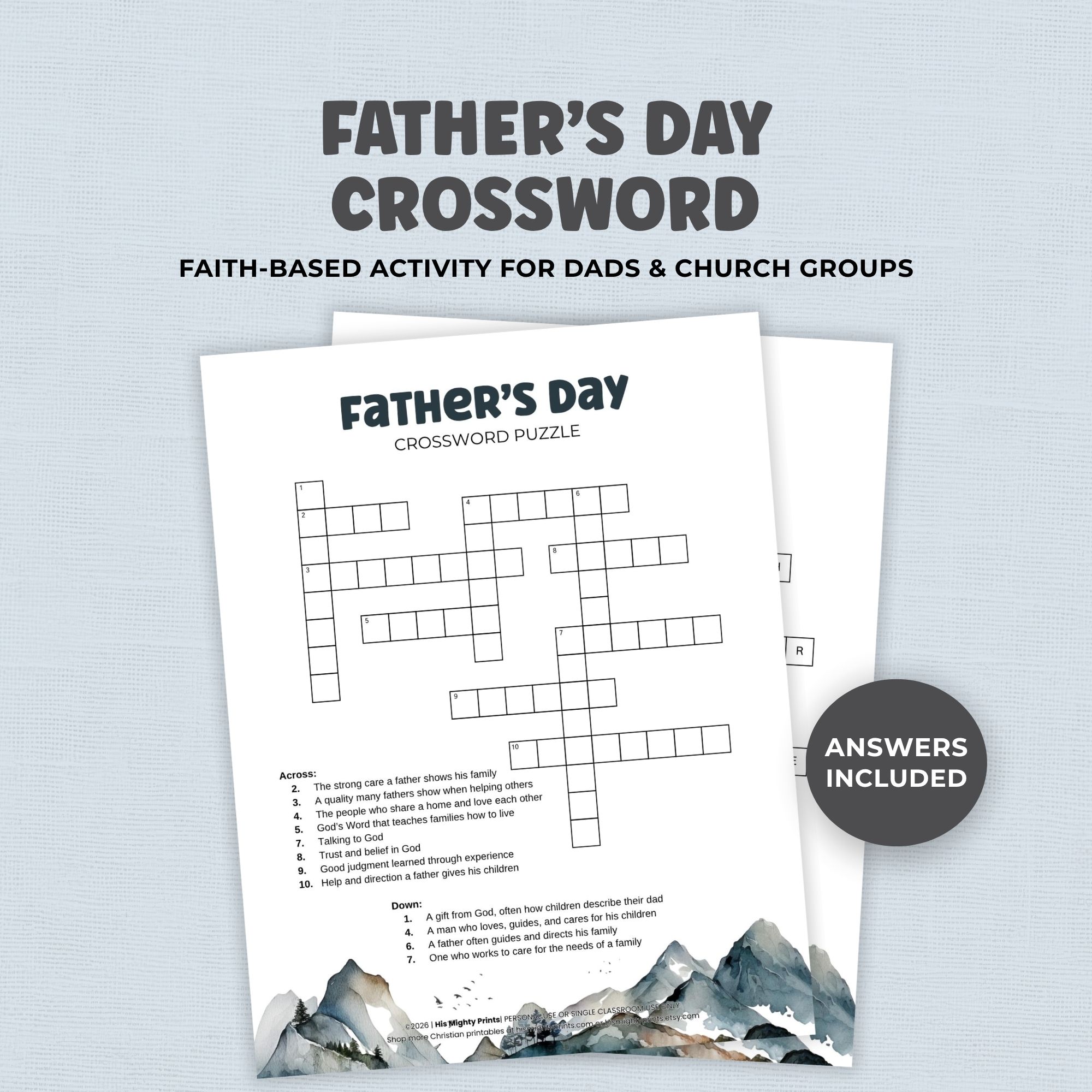 Christian Father's Day Crossword Puzzle digital download Christian Father’s Day crossword puzzle printable with mountain design, Bible-based activity for church groups, Sunday school, and family faith fun