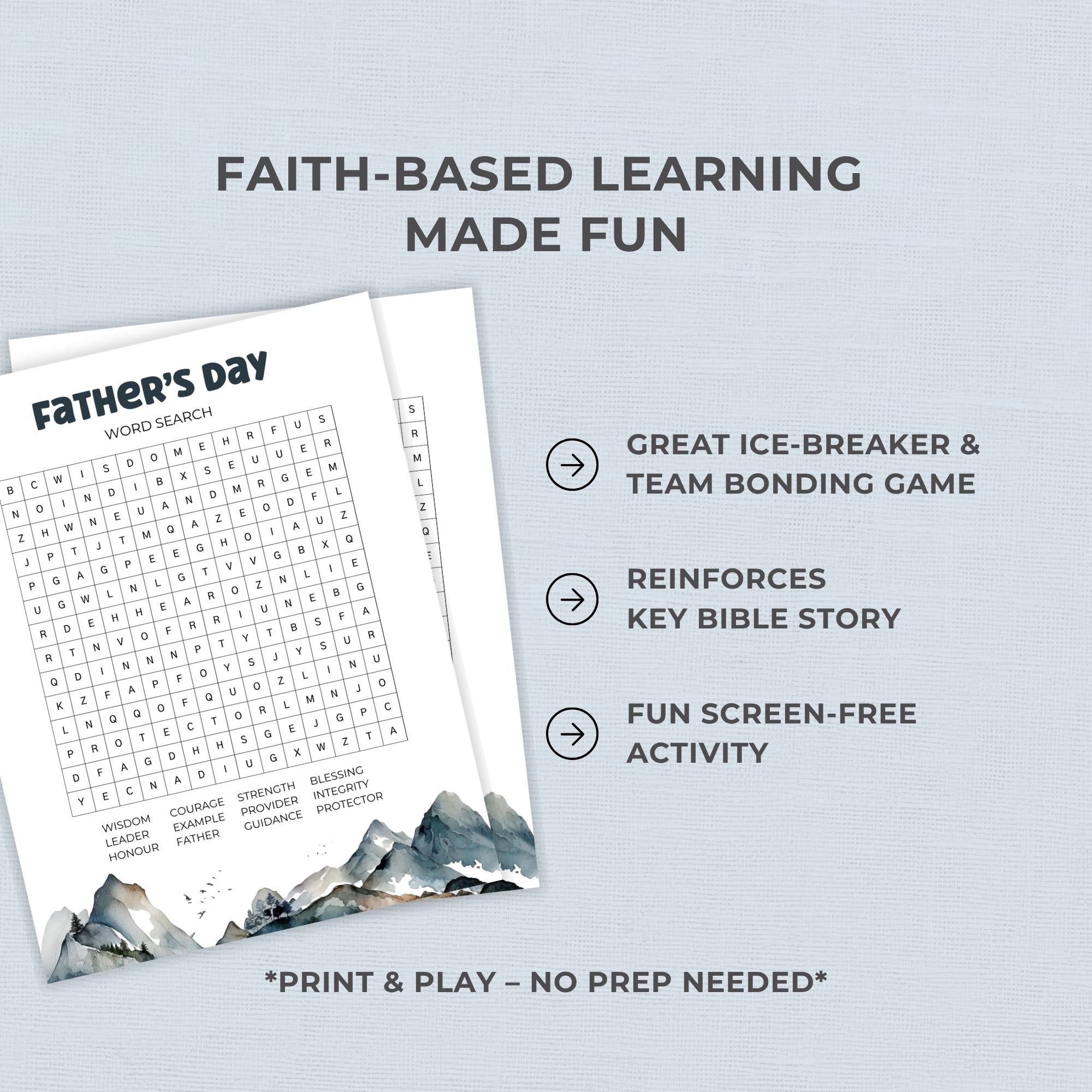 Christian Father's Day Word Search Game digital download **Alt Text:** Father’s Day word search printable with faith-based theme, featuring Bible-inspired words and mountain design, includes answers, perfect for church groups and family activities
