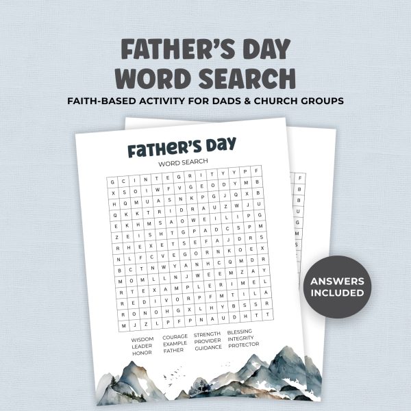 **Alt Text:** Father’s Day word search printable with faith-based theme, featuring Bible-inspired words and mountain design, includes answers, perfect for church groups and family activities