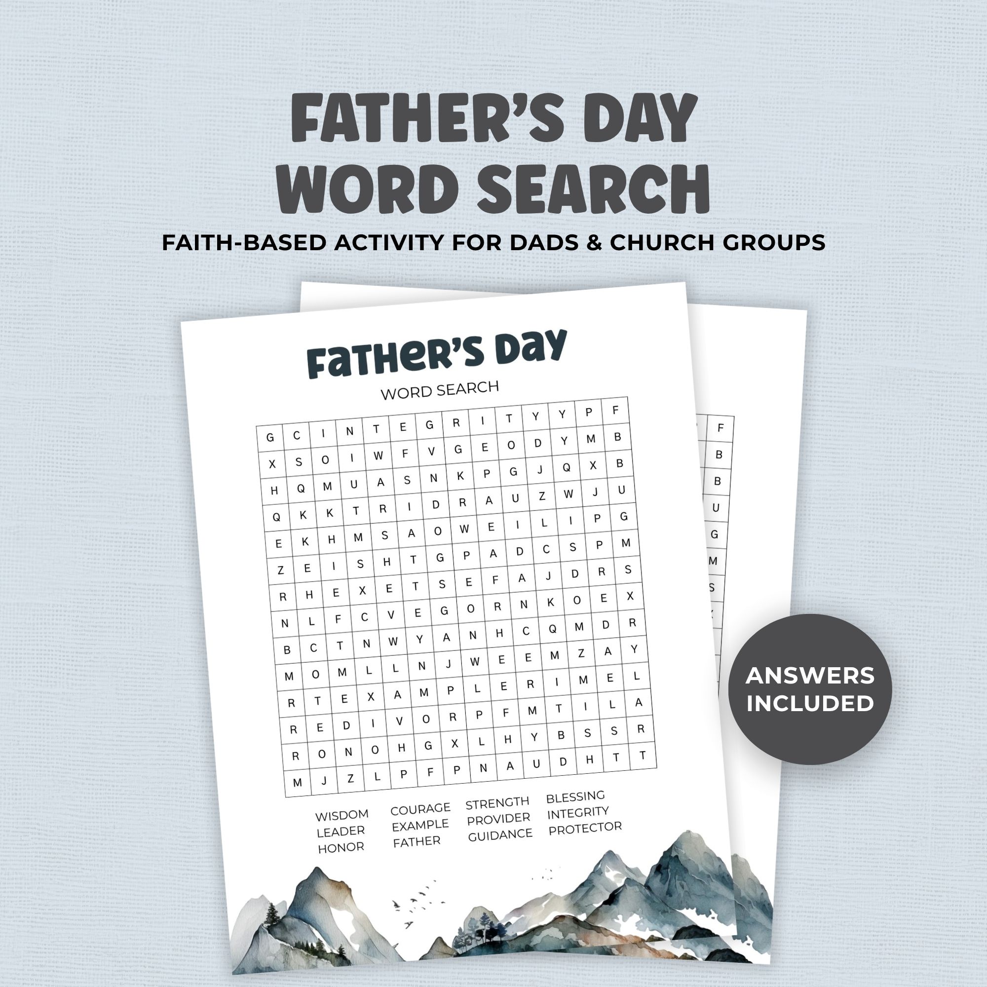 Christian Father's Day Word Search Game digital download **Alt Text:** Father’s Day word search printable with faith-based theme, featuring Bible-inspired words and mountain design, includes answers, perfect for church groups and family activities